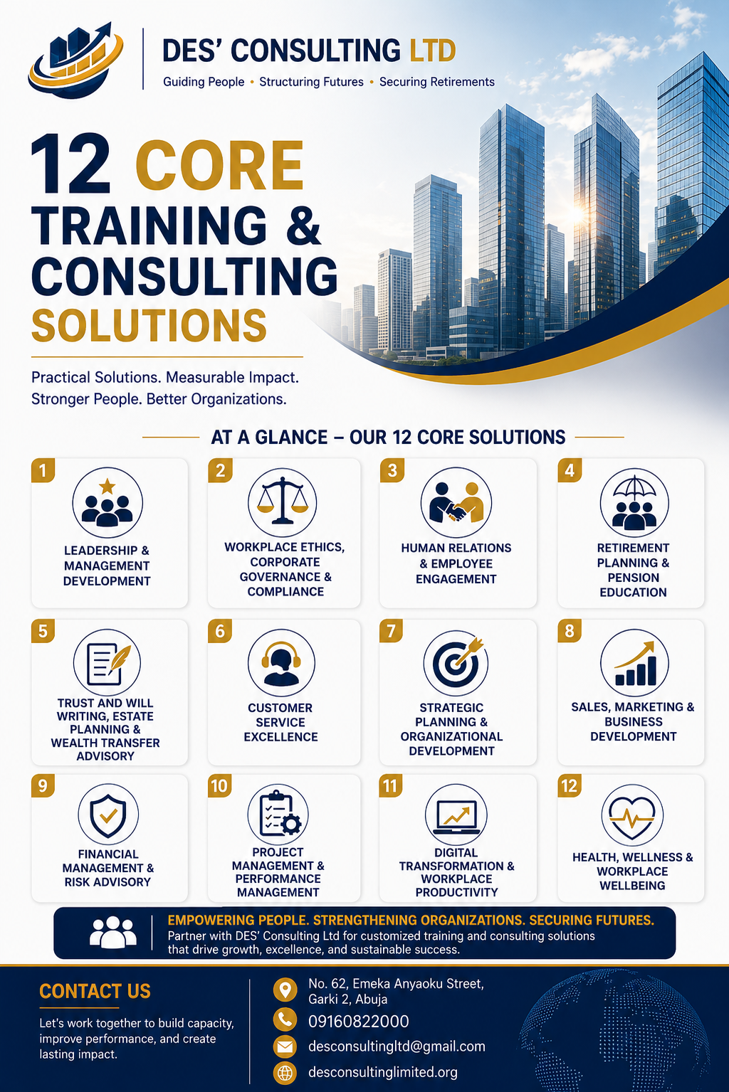DES' Consulting Ltd — 12 core training and consulting solutions at a glance infographic
