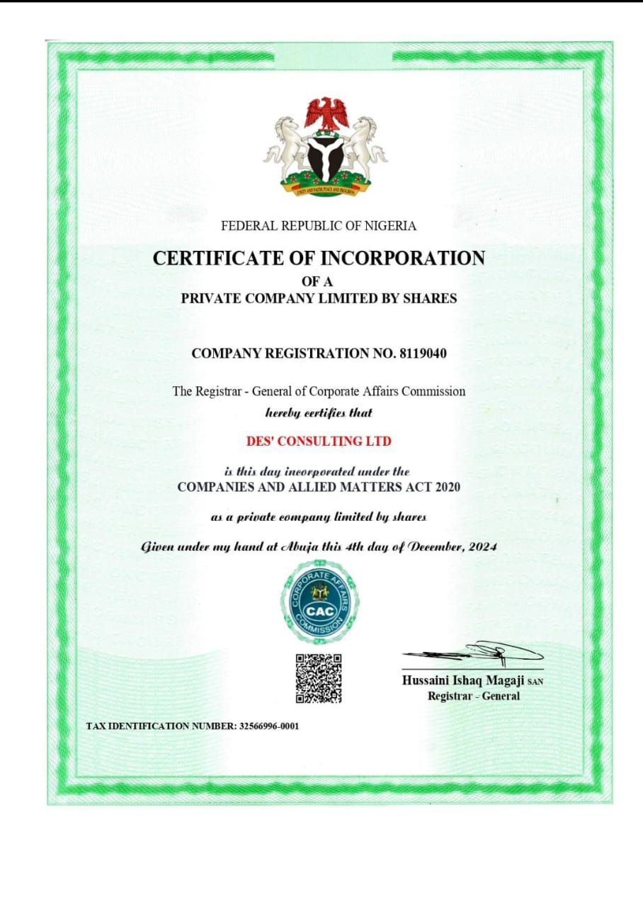 DES' Consulting Ltd Certificate of Incorporation issued by the Corporate Affairs Commission, Federal Republic of Nigeria