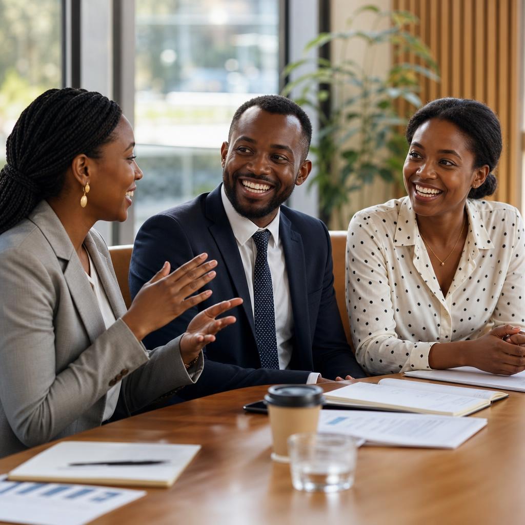 Three professionals having a warm discussion with bright smiling faces